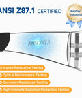 Close-up of ANSI Z87.1 certified clear safety glasses highlighting testing features for impact and optical performance.