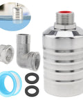 Auto Fill Float Valve 1/2 To 3/4 Inch With 304 Stainless Steel Construction, Durable Water Level Shutoff Valve For Trough Systems, Includes 2 O-Rings, Elbow, And 1/2 To 3/4 Inch Adapter, shown with fittings