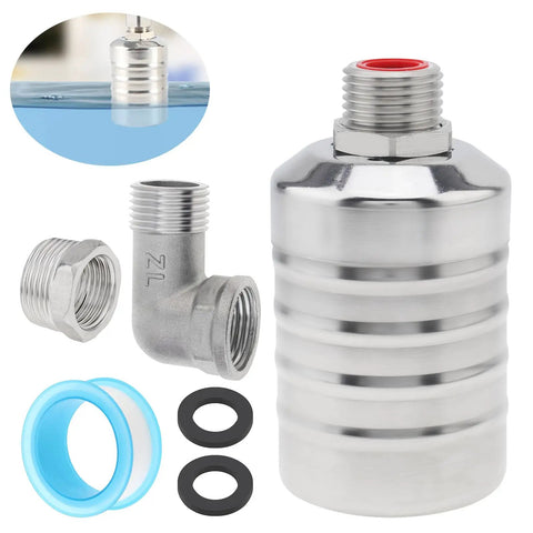 Auto Fill Float Valve 1/2 To 3/4 Inch With 304 Stainless Steel Construction, Durable Water Level Shutoff Valve For Trough Systems, Includes 2 O-Rings, Elbow, And 1/2 To 3/4 Inch Adapter, shown with fittings