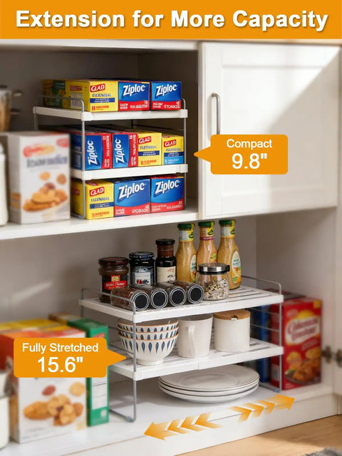 Expandable Foil And Plastic Wrap Organizer, 3-Tier Height Adjustable Kitchen Cabinet Rack shown in compact 9.8" and extended 15.6" sizes.