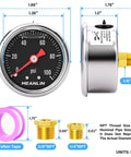 Stainless Steel Liquid Filled Pressure Gauge 0-100 Psi, One Eighth NPT, One Point Five Inch Dial, Back Mount, Glycerin Filled For Smooth Readouts, Beefy Industrial Gauge For HVAC And Plumbing, Includes Quarter NPT And Three Eighths NPT Hex Bushings. Front and side view with 1/8 NPT thread and 0-100 psi dial.