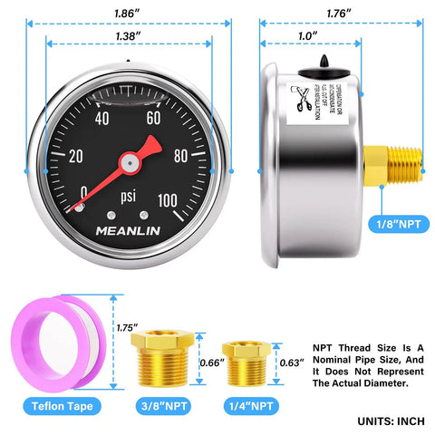 Stainless Steel Liquid Filled Pressure Gauge 0-100 Psi, One Eighth NPT, One Point Five Inch Dial, Back Mount, Glycerin Filled For Smooth Readouts, Beefy Industrial Gauge For HVAC And Plumbing, Includes Quarter NPT And Three Eighths NPT Hex Bushings. Front and side view with 1/8 NPT thread and 0-100 psi dial.