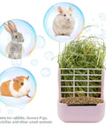 Super Cool Pink Two In One Rabbit Hay Feeder With Automatic Guinea Pig Food Bowl And Quick Release Grass Rack filled with hay and pellets.
