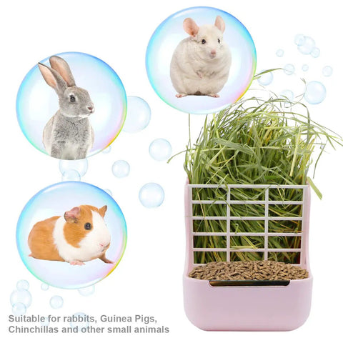 Super Cool Pink Two In One Rabbit Hay Feeder With Automatic Guinea Pig Food Bowl And Quick Release Grass Rack filled with hay and pellets.