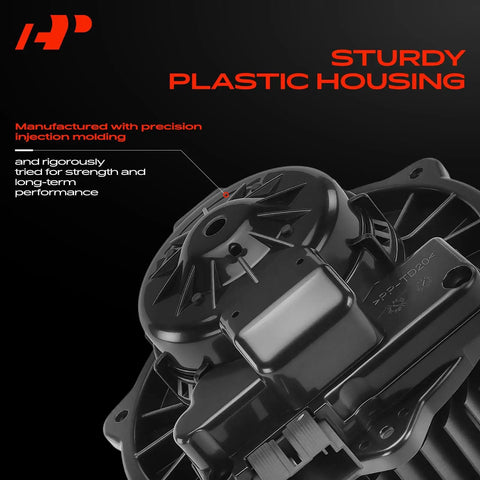 Close-up view of Front HVAC Heater Blower Motor With Fan Cage, sturdy plastic housing, precision injection molding.