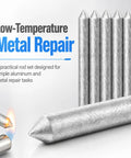 Low Temperature Universal Welding Rods for Metal DIY, showing six rods and a flame heating the tip for easy welding projects