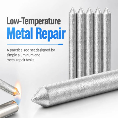 Low Temperature Universal Welding Rods for Metal DIY, showing six rods and a flame heating the tip for easy welding projects