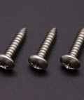 50 Pack Size 10 X 1 Inch Stainless Steel Self Tapping Screws With Phillips Pan Head showing three screws on a dark background.