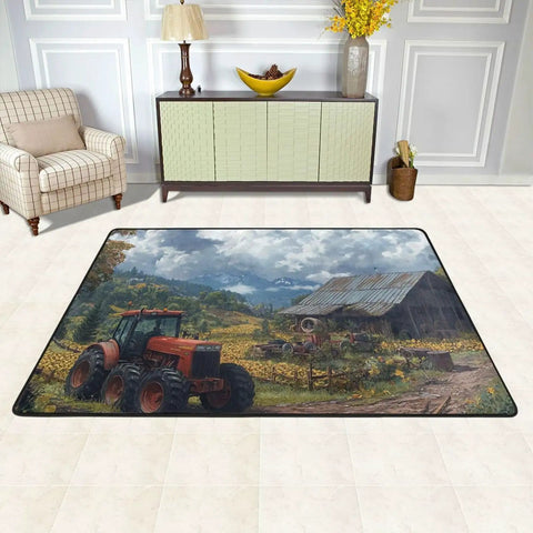 Farmhouse Tractor Area Rug 36x24 Inch Soft Non Slip Floor Mat For Living Room with tractor and barn scenery in home decor setting
