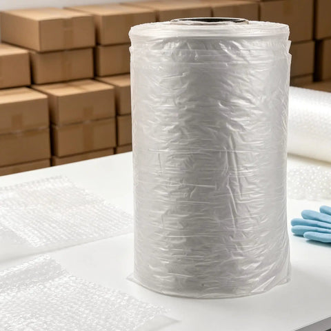 Air Cushion Wrap Roll 984ft Inflatable Bubble Cushions For Packaging And Shipping Supplies on table with boxes in background