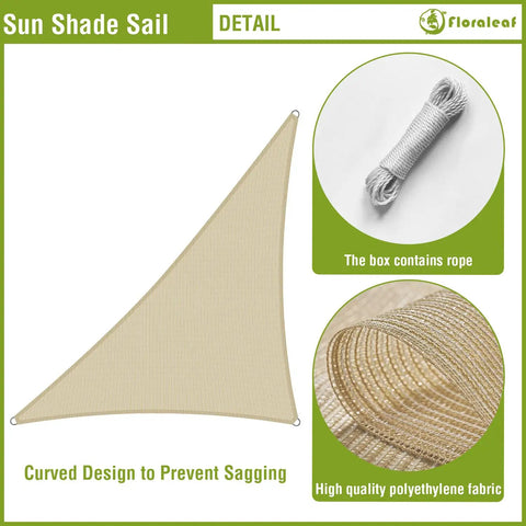 Right Triangle Beige Shade Sail 8x8x11.3 Ft Air Permeable HDPE Shade Cloth with accessories and fabric texture shown