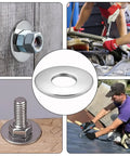 M6 Stainless Steel Flat Washers Set 50 Pieces For Industrial Automotive And Home Use Durable 304 Grade Stainless Steel With Rust Proof Corrosion Resistant Flat Bearing Surface Perfect For Quick Fixes And Everyday Fastening Etauwe showing applications in various fixtures.