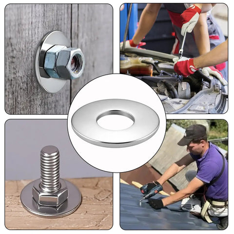 M6 Stainless Steel Flat Washers Set 50 Pieces For Industrial Automotive And Home Use Durable 304 Grade Stainless Steel With Rust Proof Corrosion Resistant Flat Bearing Surface Perfect For Quick Fixes And Everyday Fastening Etauwe showing applications in various fixtures.