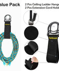 Ceiling ladder hanger and extension cord holder in value pack with close-up details of strap and hook design.