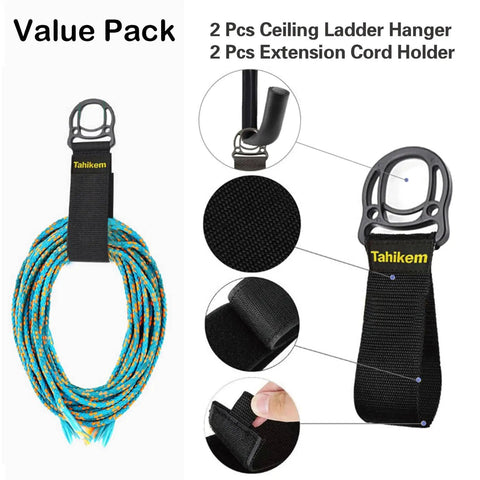 Ceiling ladder hanger and extension cord holder in value pack with close-up details of strap and hook design.