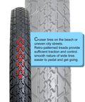 Close-up of 2 Pack Cruiser Bike Tire Set With Folding 26x2.125 Inch Tires, showing tread and white wall design for all weather rides.