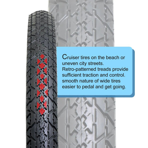 Close-up of 2 Pack Cruiser Bike Tire Set With Folding 26x2.125 Inch Tires, showing tread and white wall design for all weather rides.