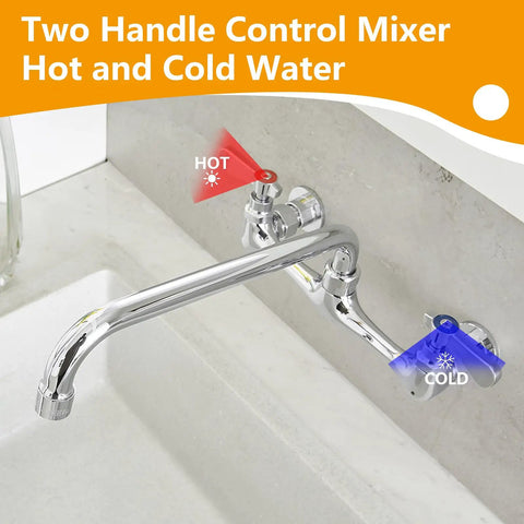 Heavy Duty Wall Mount Utility Sink Faucet With 10 Inch Chrome Swivel Spout, 2-Handle Bar Style Mixer Tap For Laundry And Kitchen