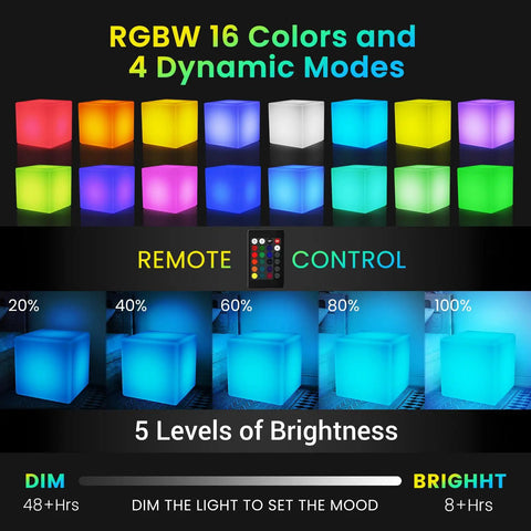 Rechargeable LED Cube Chair Light With Remote, 16 Inch Glow Cube Seat Doubles as Waterproof Cube Table, color options display