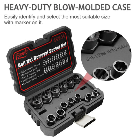 Boss 13-Piece Bolt Extractor Set For Stripped Nuts And Bolts, 3/8-Inch Square Drive in heavy-duty blow-molded case