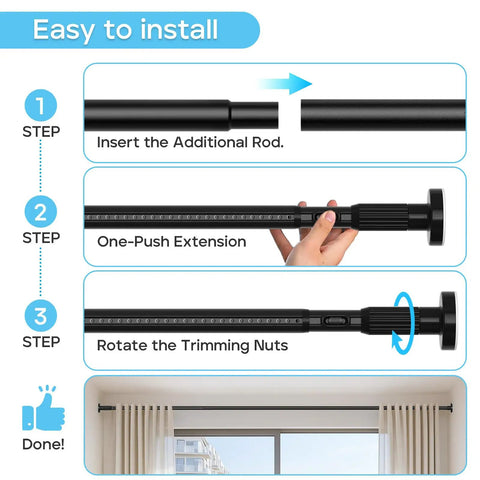 No-Drill Adjustable Tension Curtain Rod For 41-86 Inch Windows, installation steps, black color, easy tool-free setup.