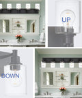 Brushed Nickel 3 Light Vanity Lighting Modern Wall Sconce over mirror with clear glass shades in bathroom setting.