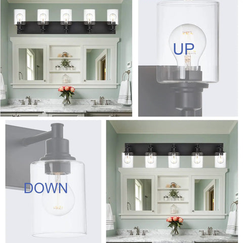 Brushed Nickel 3 Light Vanity Lighting Modern Wall Sconce over mirror with clear glass shades in bathroom setting.