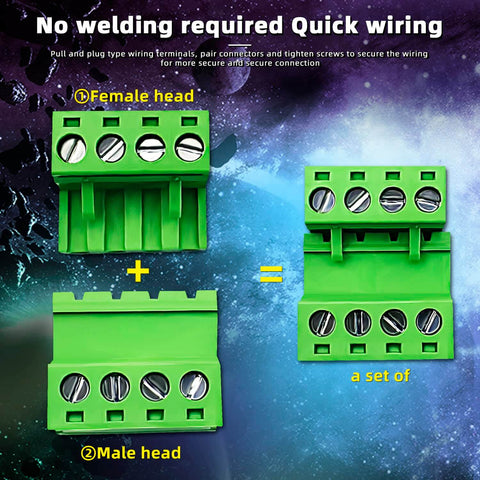 15 Pairs 4 Pin 5.08mm Pitch PCB Mount Screw Terminal Block Connector Kit With 15 4 Pin Plugs, featuring female and male heads in green.