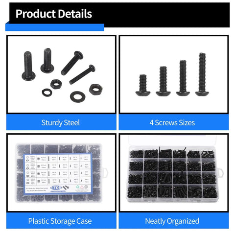 Massive 1705 Piece Machine Screw Set With Nuts And Washers, M2 To M5 Hex Button Head Screws, Flat And Lock Washers, 10.9 Grade Steel, Durable DIY Repair Kit In Handy Storage Box, organized in plastic case