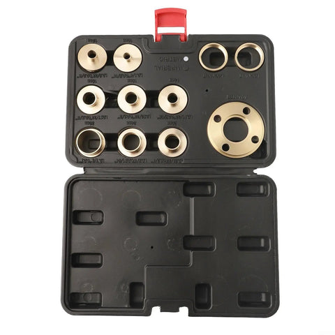 Badass 11 Piece Brass Router Guide Bushing Kit With Eight Sizes Lock Nuts And Template Adapter Built Tough For Dovetail Hinge And Stair Milling Woodworking in storage case.