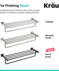 Three bathroom shelves with towel bars in chrome, brushed nickel, and matte black finishes shown in a promotional image.