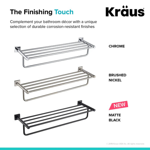 Three bathroom shelves with towel bars in chrome, brushed nickel, and matte black finishes shown in a promotional image.