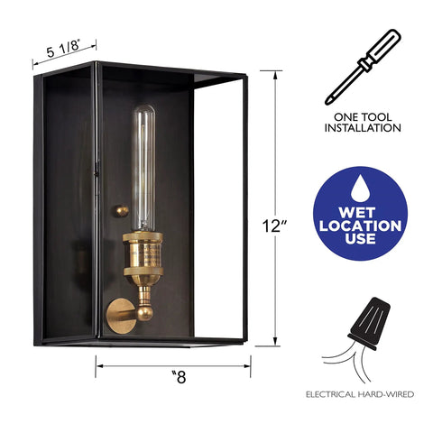 Solid Brass Outdoor Wall Light Fixture With Clear Tempered Glass Waterproof Outdoor Sconce For Front Porch Garage Garden Patio Staircase Balcony Built Tough And Ready Door Lantern Design, dimensions shown with installation icons