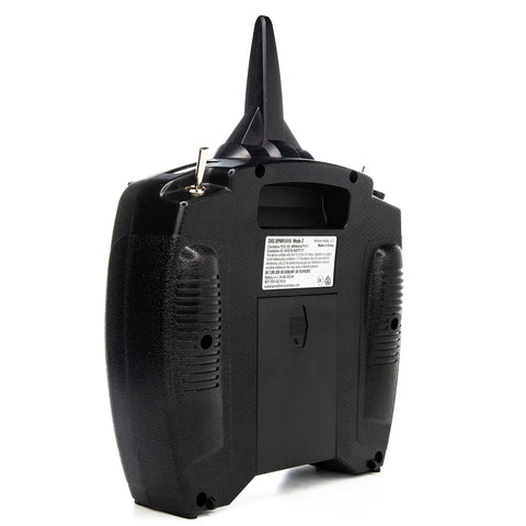 Back view of DXS Transmitter with AR410 Receiver, ergonomic design for fatigue-free RC control, showing antenna and grip texture.