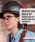 Person wearing Blockhead Fiberglass Hard Hat With Full Brim For Construction Sun And Rain Protection with carbon fiber pattern