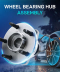 Front Wheel Hub Bearing Assembly With ABS 5 Lug Bolt On For 2004 2012 Malibu 2008 2010 Cobalt HHR 2005 2010 Pontiac G6 2007 2009 Saturn Aura Front Left And Right Replacement Ready To Roll 513214 shown in front of a car wheel.