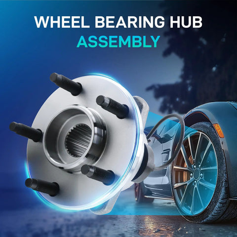 Front Wheel Hub Bearing Assembly With ABS 5 Lug Bolt On For 2004 2012 Malibu 2008 2010 Cobalt HHR 2005 2010 Pontiac G6 2007 2009 Saturn Aura Front Left And Right Replacement Ready To Roll 513214 shown in front of a car wheel.
