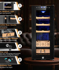 Front view of 35L temperature and humidity controlled cooler cabinet with Spanish cedar shelves, safety lock, and digital touch panel.