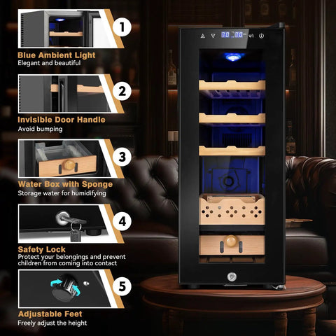 Front view of 35L temperature and humidity controlled cooler cabinet with Spanish cedar shelves, safety lock, and digital touch panel.