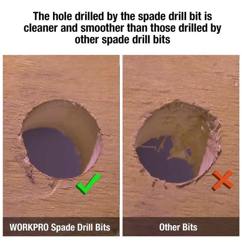 Comparison showing cleaner hole by Pro Grade Spade Drill Bit Set For Woodworking, 10-Piece With Black Coating