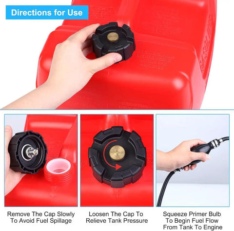 Hands demonstrating use of EPA Certified 3 Gallon Marine Gas Tank With Leak Resistant Portable Storage For Boating Outboard Motors And Outdoor Power Equipment Built In Flame Mitigation Device For Safe Transport And Evaporation Control including opening cap and using primer bulb.