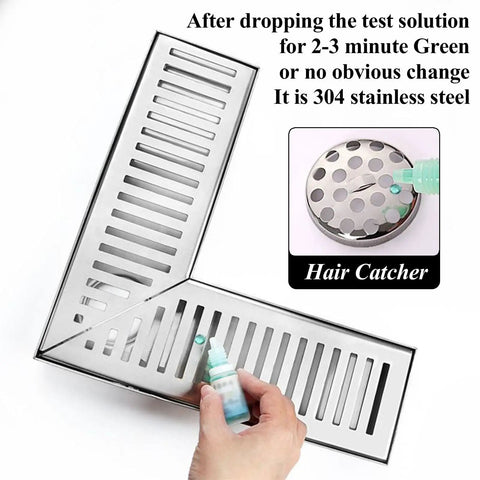 Kickass L Shaped Shower Drain Ultra Heavy 304 Stainless Steel Hair Catcher with test solution for rapid drainage.