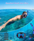 Man wearing Two Window Panorama Snorkel Mask For Adults With Dry Top Snorkel swimming in ocean with dimensions shown