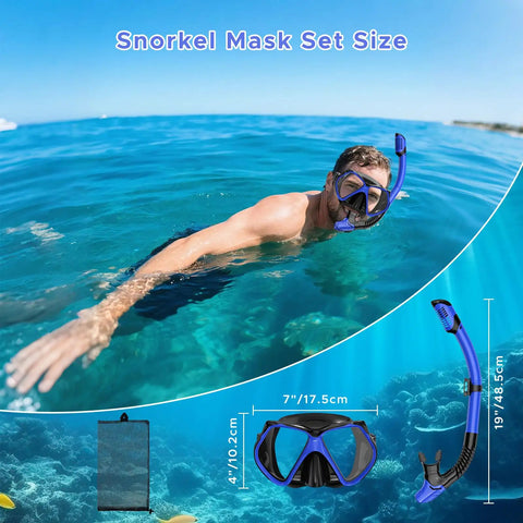 Man wearing Two Window Panorama Snorkel Mask For Adults With Dry Top Snorkel swimming in ocean with dimensions shown
