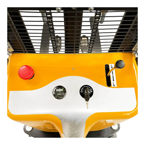 Semi Electric Thin Leg Pallet Stacker Built Like A Tank To Move Up To 3307 Lbs Loads With Quick 78 Inch Lift Height control panel with buttons and key