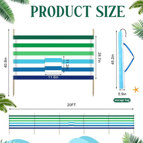 Diagram showing dimensions of 20 Ft Stripe Beach Windscreen Set With Six Hardwood Poles Rubber Mallet And Carry Bag