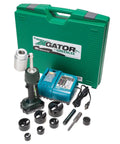 Battery-Powered Knockout Punch Driver Tool Kit With 1/2 To 2 Inch Capacity, shown with green carrying case and attachments