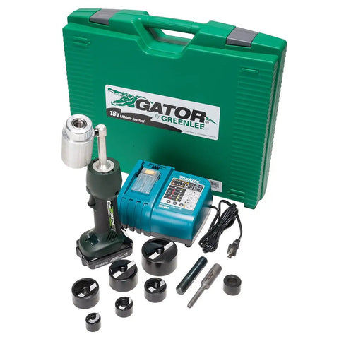 Battery-Powered Knockout Punch Driver Tool Kit With 1/2 To 2 Inch Capacity, shown with green carrying case and attachments