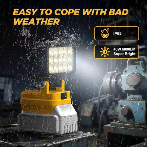 6000 Lumen 40W LED Work Light Cordless Jobsite Flood Light With Dual USB A Charging Ports Built For 20V Max Batteries in rain