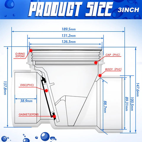 Technical diagram of 3 Inch Backwater Valve Drain Backflow Preventer For Sewage And Rainwater, White PVC, showing measurements and components.